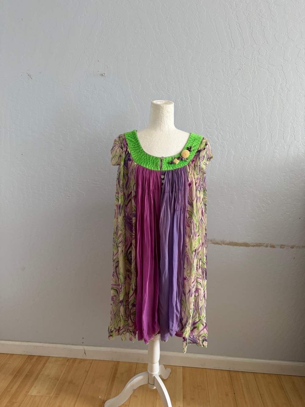 Colorful Boho Tiered Tunic Dress with Green Crochet Collar
